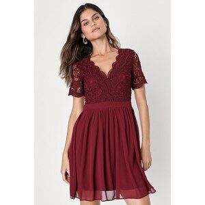 Lulus Angel In Disguise Burgundy Lace Skater Dress Red - Size M